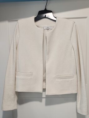 Mango Collarless Cream Textured Open-Front Blazer